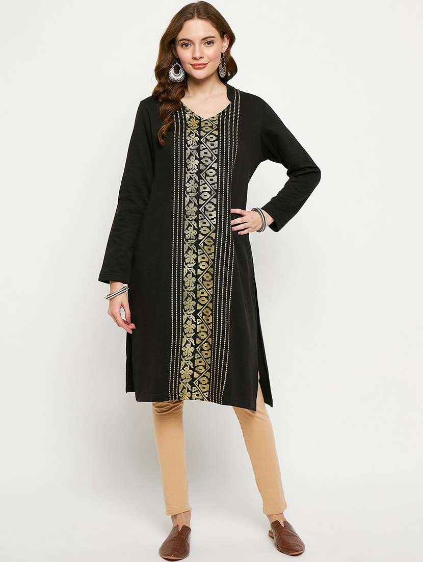 women solid with work long sleeve winter wear kurta 