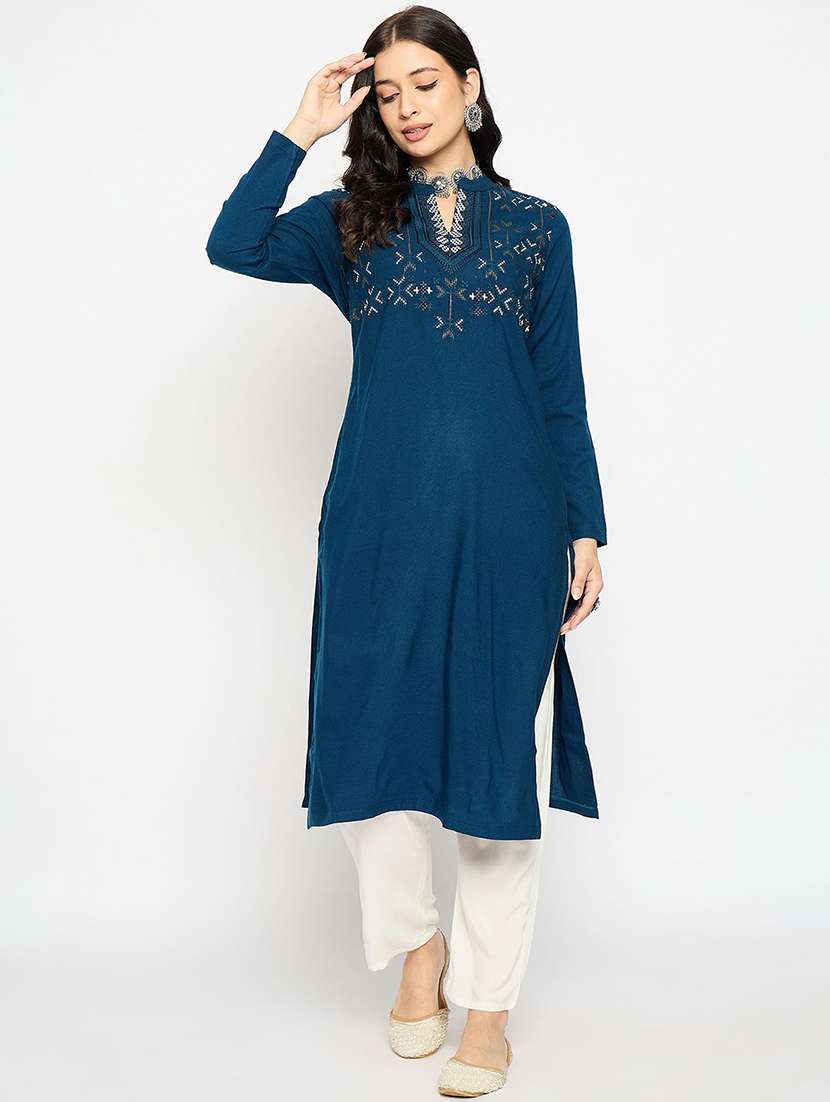 women solid with work long sleeve winter wear kurta  - 22291152 -  Standard Image - 1