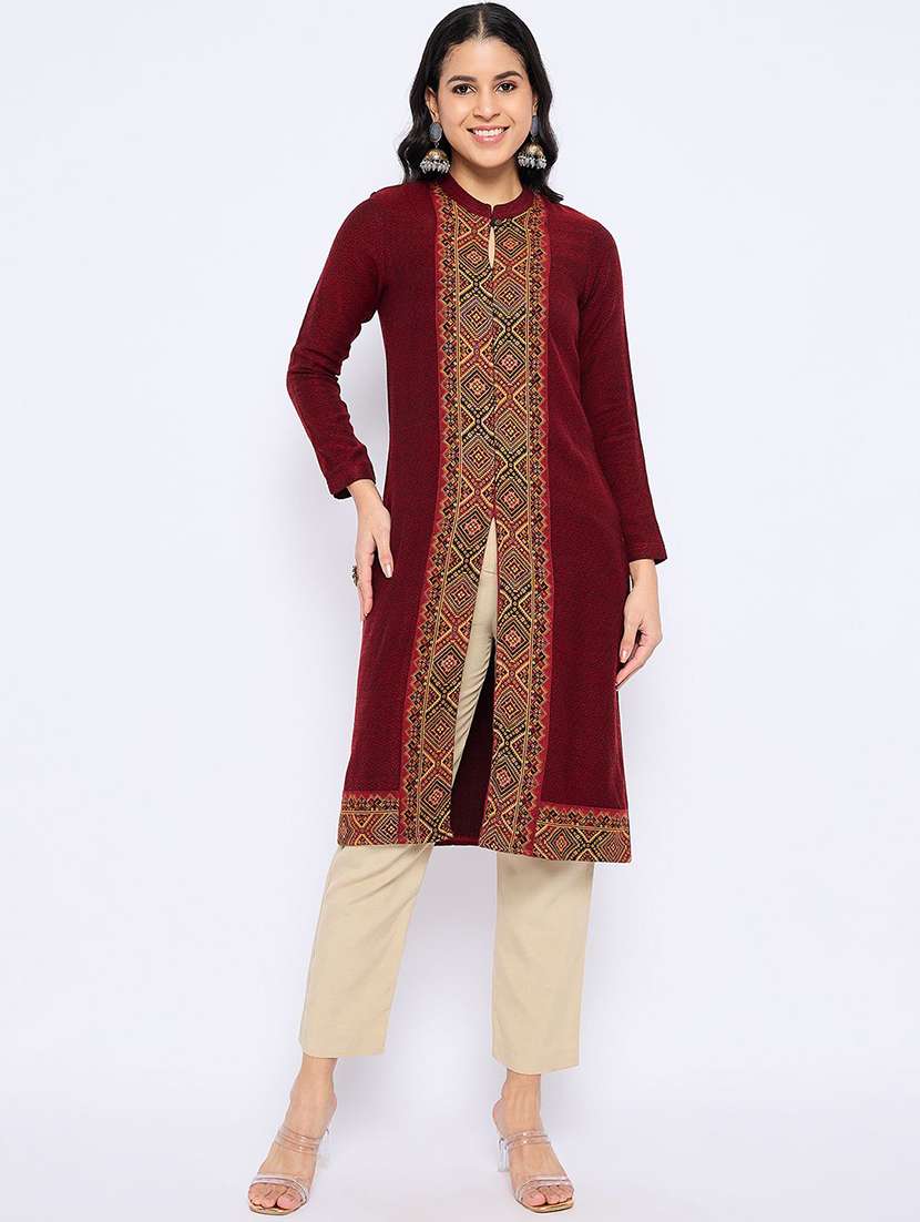 women self design long sleeve winter wear kurta 
