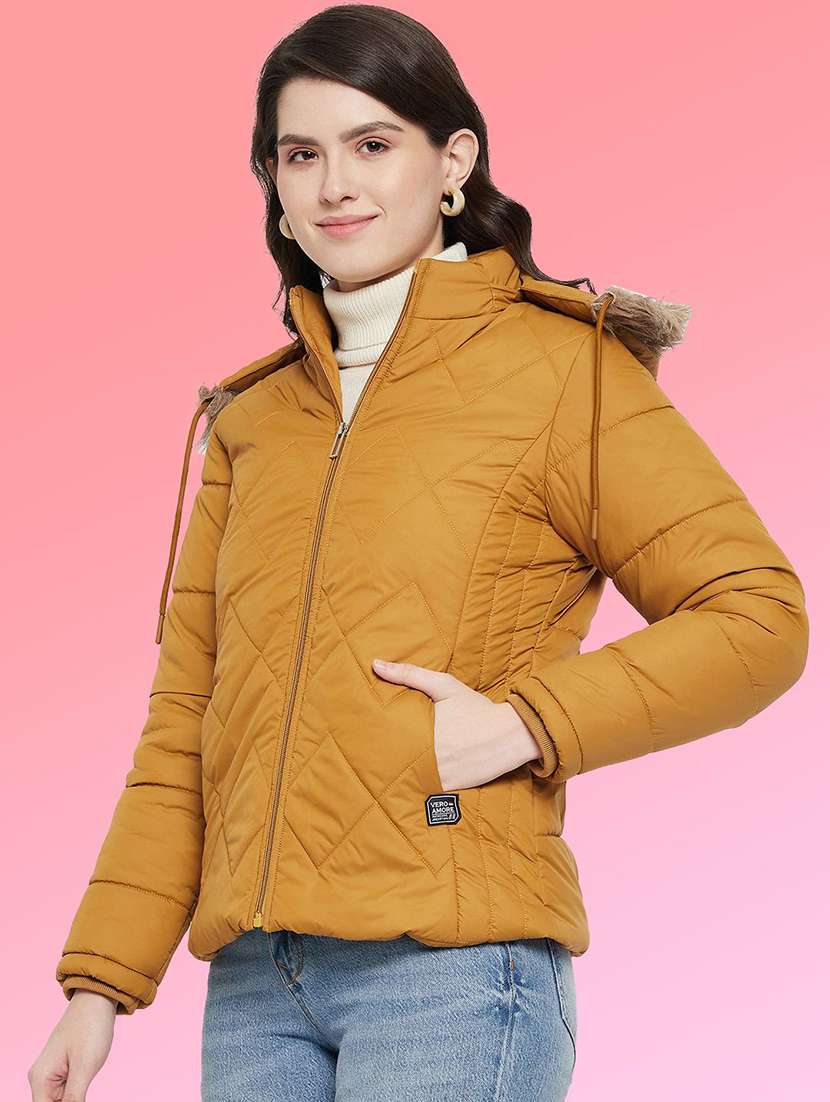 mustard polyester parka women solid long sleeve hooded quilted jacket jacket - 22291298 -  Standard Image - 1