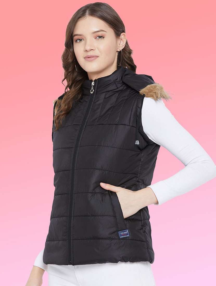 women solid sleeveless hooded quilted jacket - 22291300 -  Standard Image - 1