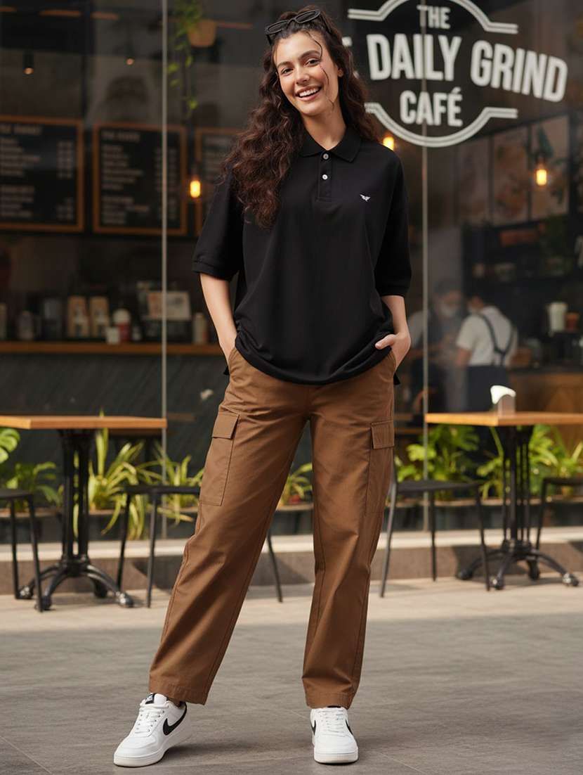 women solid short sleeve oversized polo t-shirt - 22291721 -  Standard Image - 4