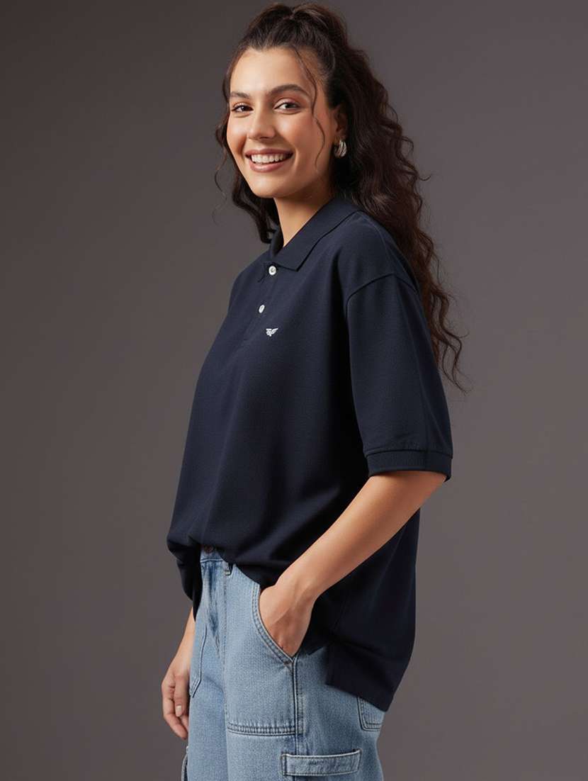 women solid short sleeve polo oversized t-shirt - 22291731 -  Standard Image - 1