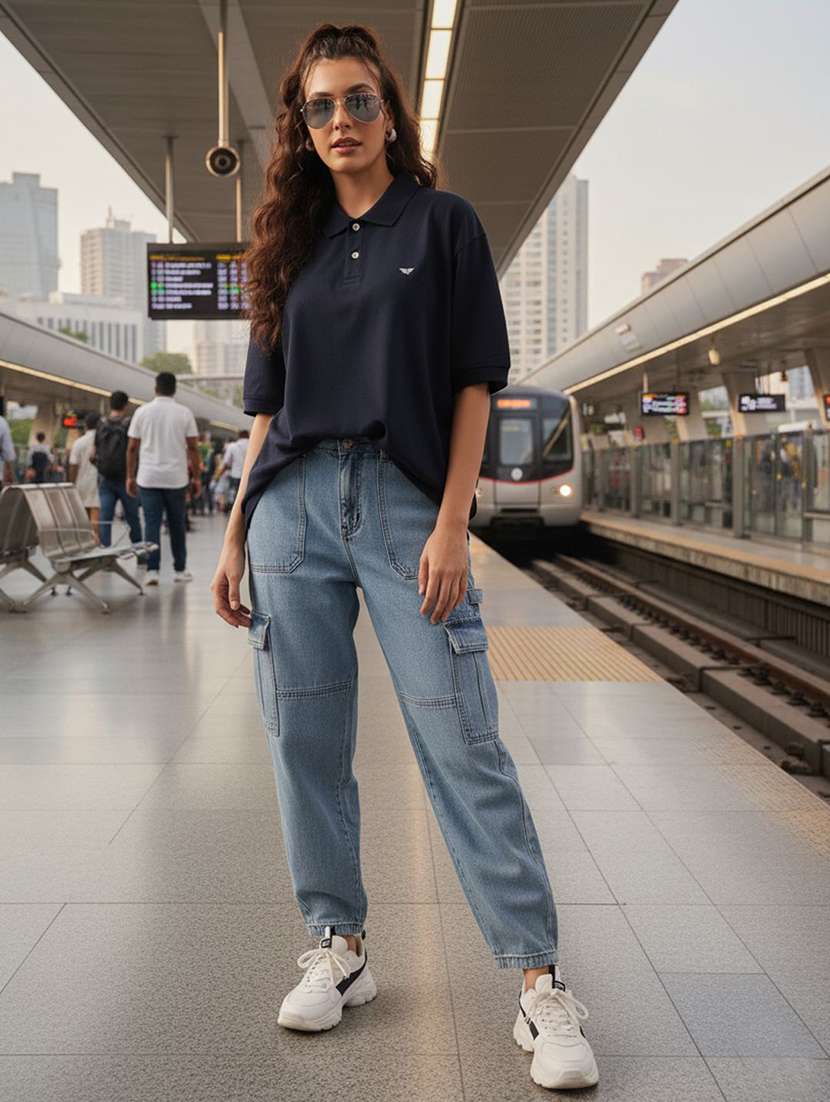 women solid short sleeve polo oversized t-shirt - 22291731 -  Standard Image - 4