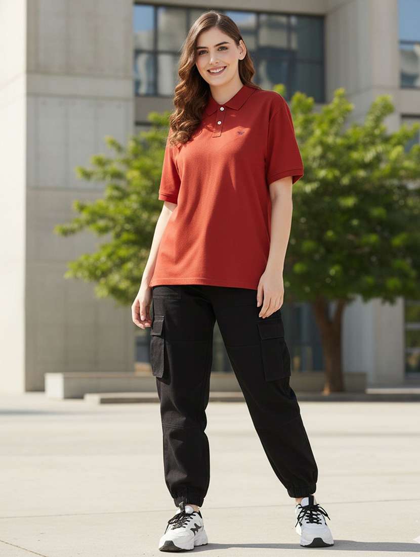 women solid short sleeve polo oversized t-shirt - 22291739 -  Standard Image - 4