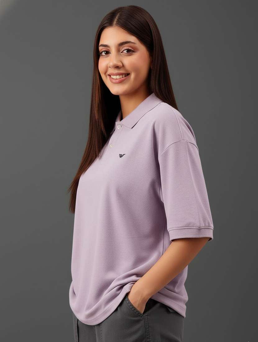 women solid short sleeve oversized polo t-shirt - 22291742 -  Standard Image - 1
