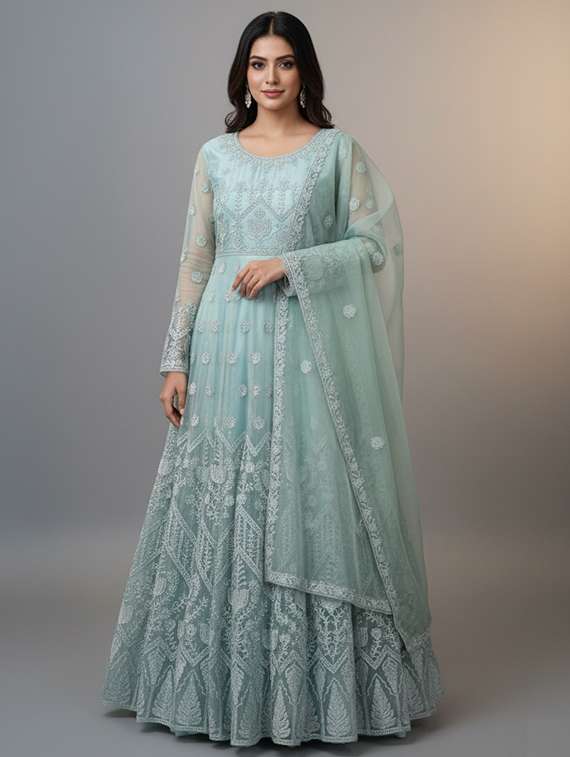 women solid with work fit & flare semi stitched gown with dupatta - 22291917 -  Standard Image - 1