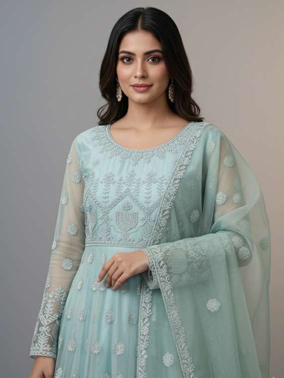 women solid with work fit & flare semi stitched gown with dupatta - 22291917 -  Standard Image - 4