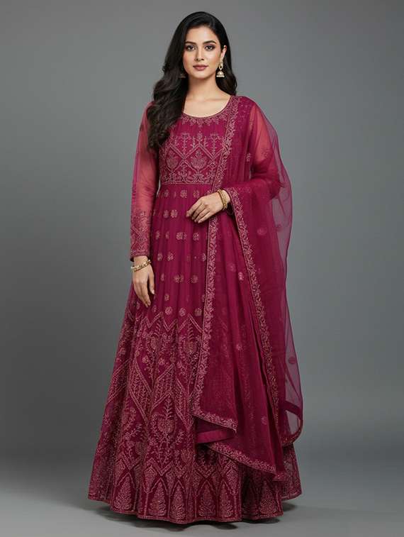women solid with work fit & flare semi stitched gown with dupatta - 22291918 -  Standard Image - 1