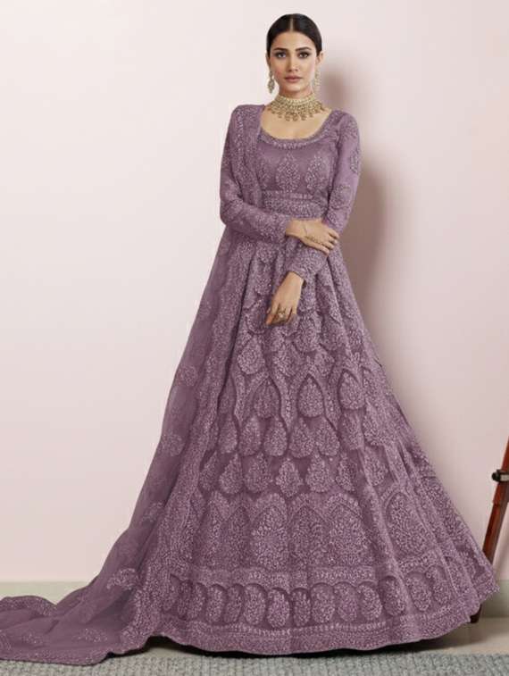 women solid with work fit & flare semi stitched gown with dupatta - 22291920 -  Standard Image - 1