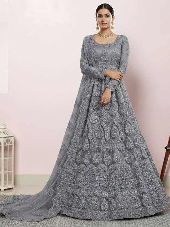 women solid with work fit & flare semi stitched gown with dupatta - 22291921 -  Standard Image - 1