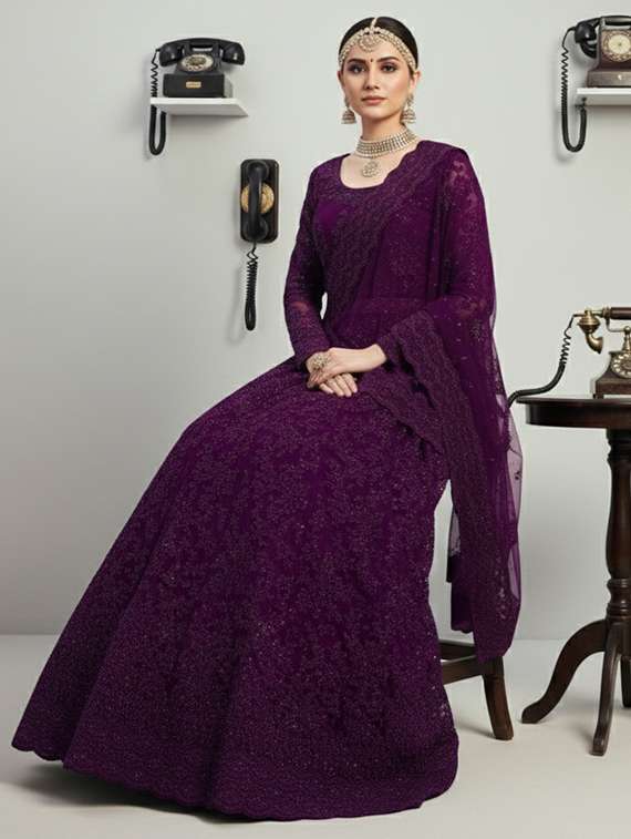 women solid with work fit & flare semi stitched gown with dupatta - 22291925 -  Standard Image - 1