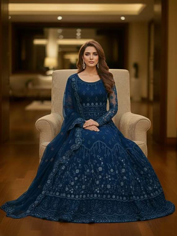 women solid with work fit & flare semi stitched gown with dupatta - 22291929 -  Standard Image - 1