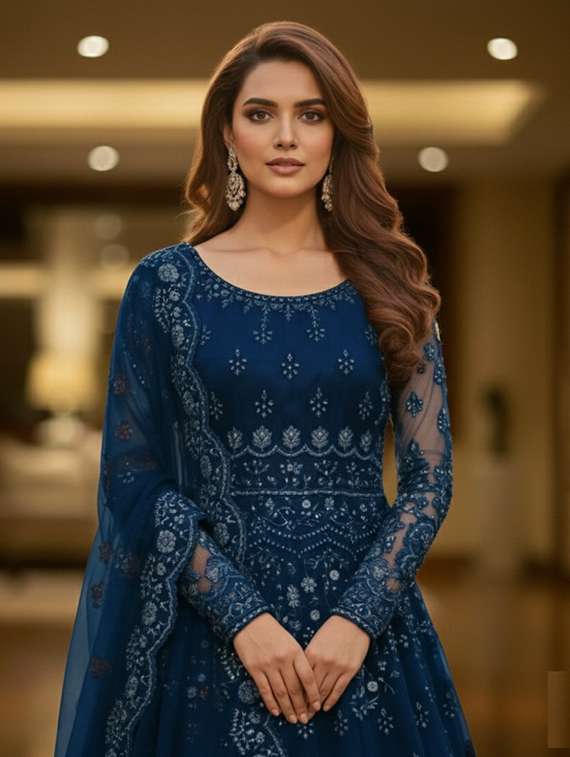 women solid with work fit & flare semi stitched gown with dupatta - 22291929 -  Standard Image - 4