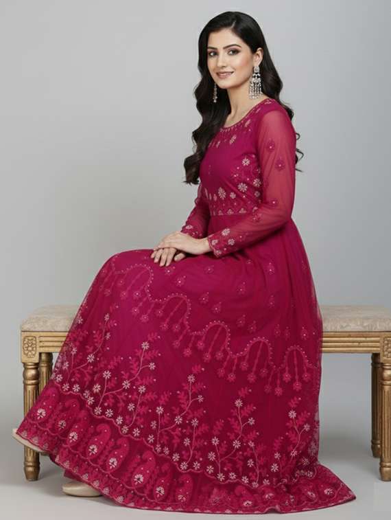 women solid with work fit & flare semi stitched gown with dupatta - 22291930 -  Standard Image - 1