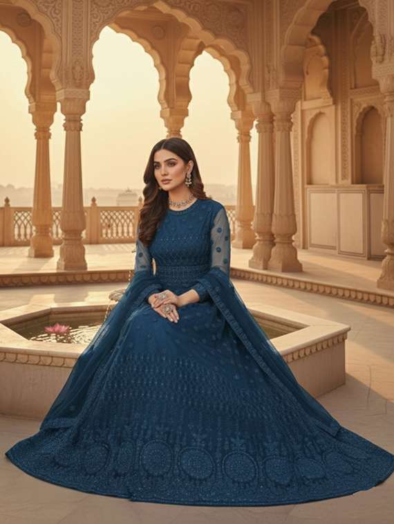 women solid with work fit & flare semi stitched gown with dupatta - 22291932 -  Standard Image - 1