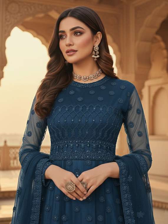 women solid with work fit & flare semi stitched gown with dupatta - 22291932 -  Standard Image - 4