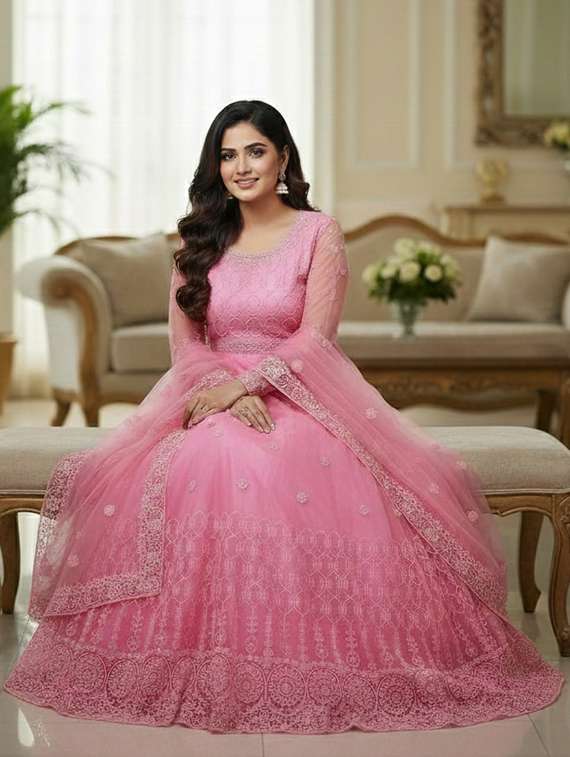 women solid with work fit & flare semi stitched gown with dupatta - 22291933 -  Standard Image - 1