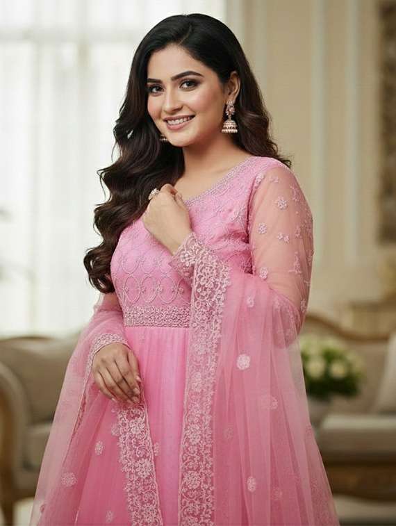 women solid with work fit & flare semi stitched gown with dupatta - 22291933 -  Standard Image - 4