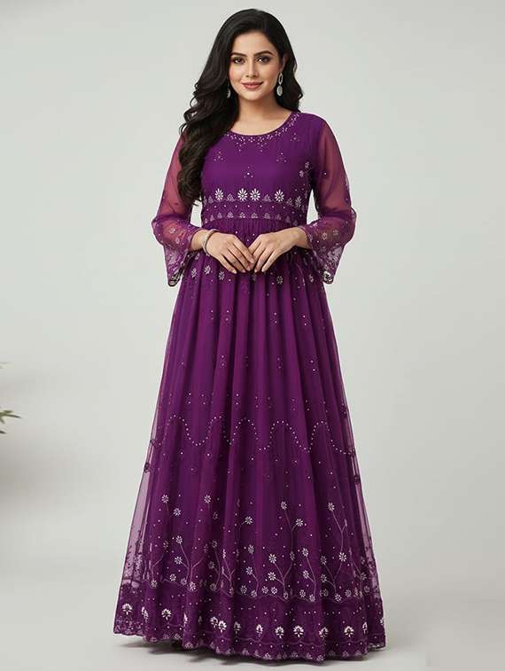 women solid with work fit & flare semi stitched gown with dupatta - 22291935 -  Standard Image - 1