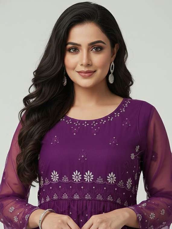 women solid with work fit & flare semi stitched gown with dupatta - 22291935 -  Standard Image - 4