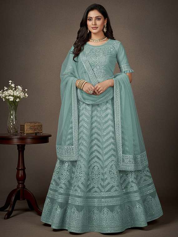 women solid with work fit & flare semi stitched gown with dupatta - 22291939 -  Standard Image - 1
