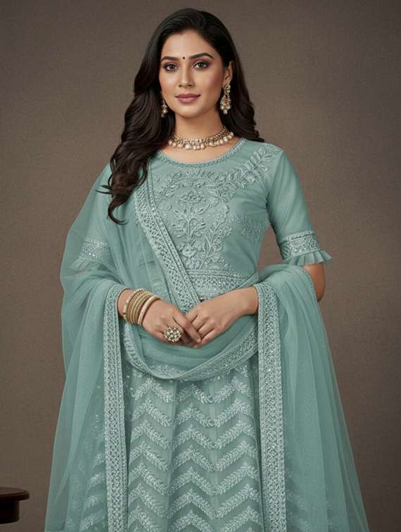 women solid with work fit & flare semi stitched gown with dupatta - 22291939 -  Standard Image - 4