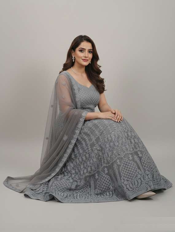 women solid with work fit & flare semi stitched gown with dupatta - 22291942 -  Standard Image - 1