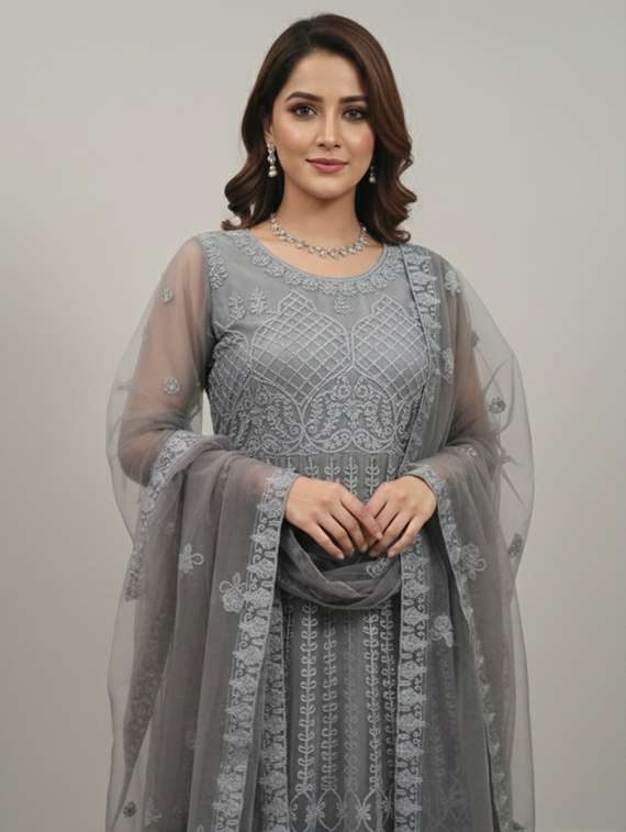 women solid with work fit & flare semi stitched gown with dupatta - 22291942 -  Standard Image - 4