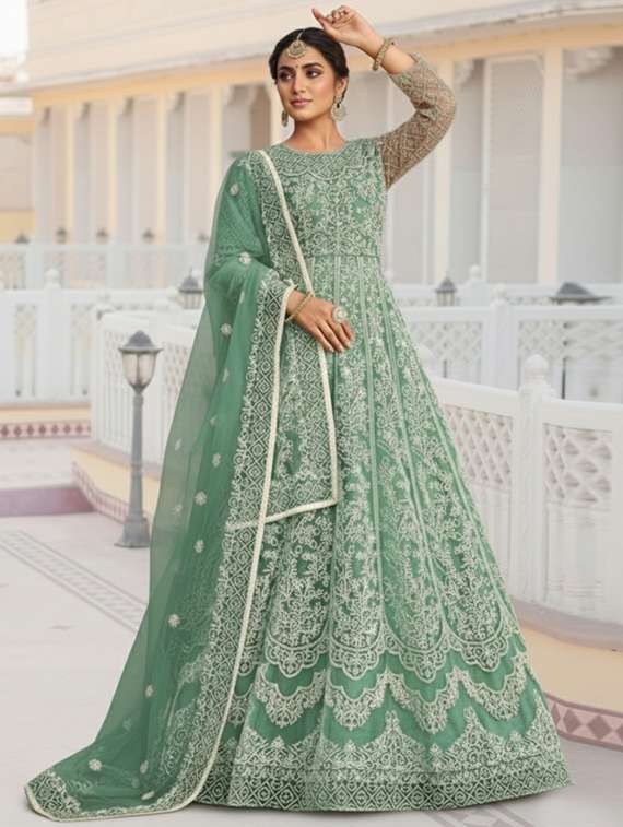 women solid with work fit & flare semi stitched gown with dupatta - 22291945 -  Standard Image - 1