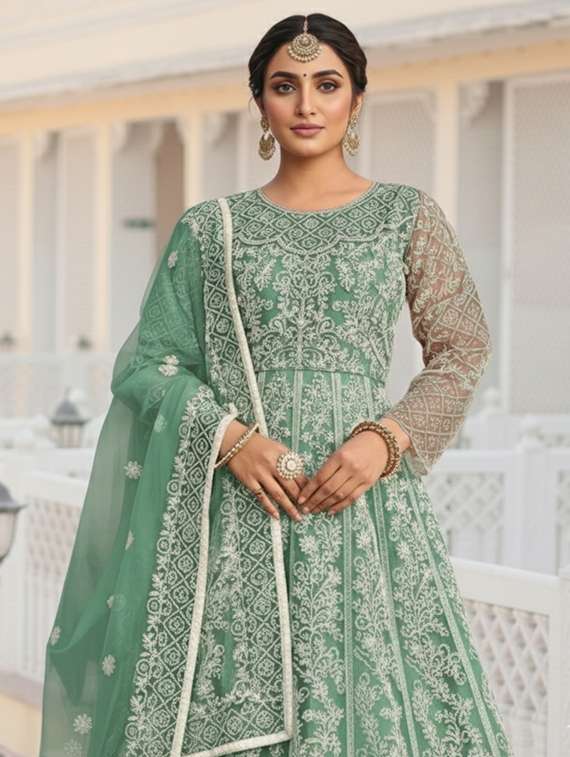 women solid with work fit & flare semi stitched gown with dupatta - 22291945 -  Standard Image - 4