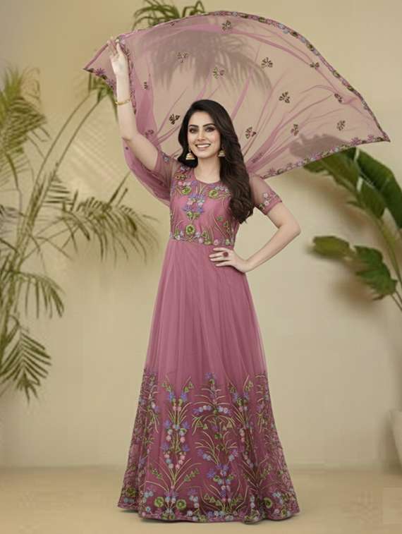women solid with work fit & flare semi stitched gown with dupatta - 22291947 -  Standard Image - 1