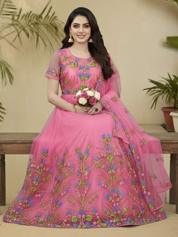 women solid with work fit & flare semi stitched gown with dupatta - 22291948 -  Standard Image - 1