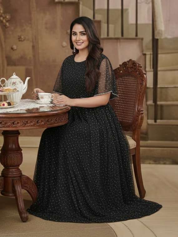 women solid with work fit & flare semi stitched gown  - 22291952 -  Standard Image - 1