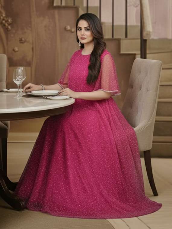 women solid with work fit & flare semi stitched gown  - 22291953 -  Standard Image - 1