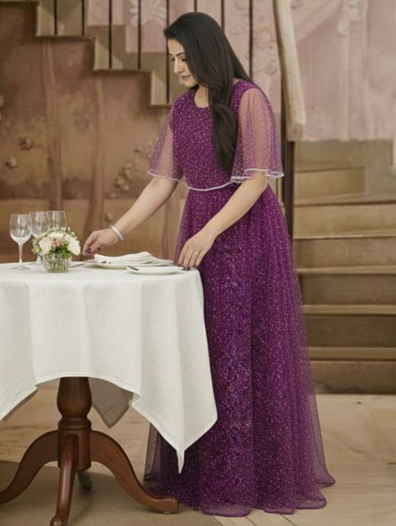 women solid with work fit & flare semi stitched gown  - 22291955 -  Standard Image - 1