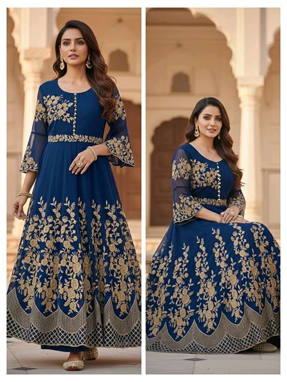 women solid with work fit & flare semi stitched gown  - 22291957 -  Standard Image - 1