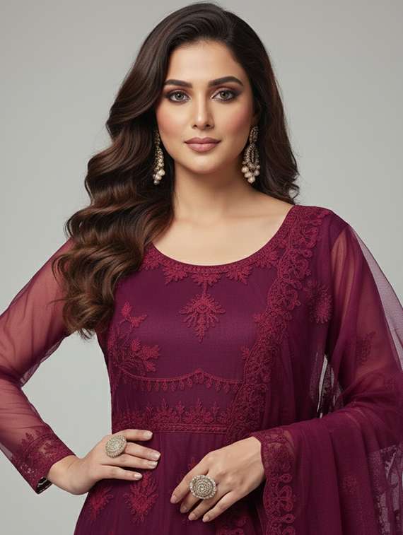 women solid with work fit & flare semi stitched gown with dupatta - 22291962 -  Standard Image - 4