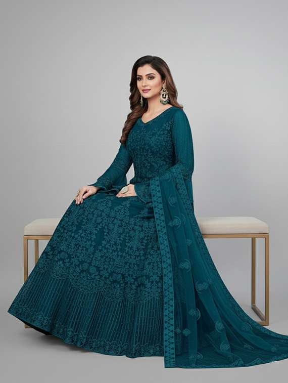 women solid with work fit & flare semi stitched gown with dupatta - 22291964 -  Standard Image - 1