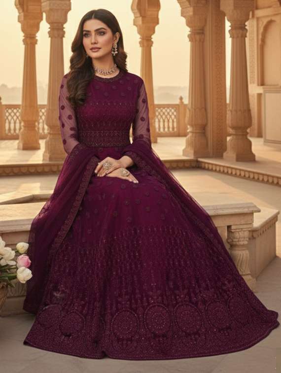 women solid with work fit & flare semi stitched gown with dupatta - 22291965 -  Standard Image - 1
