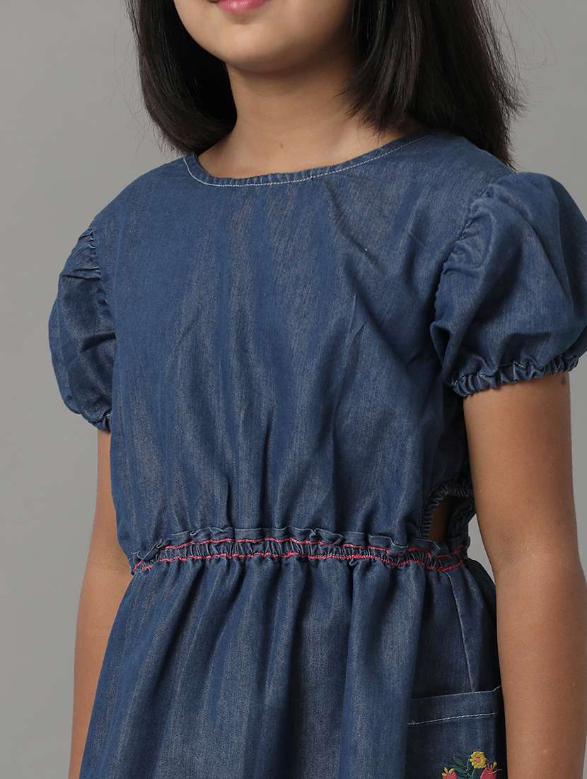 girls embroidered puff sleeve denim fit & flare dress - 22292076 -  Standard Image - 4