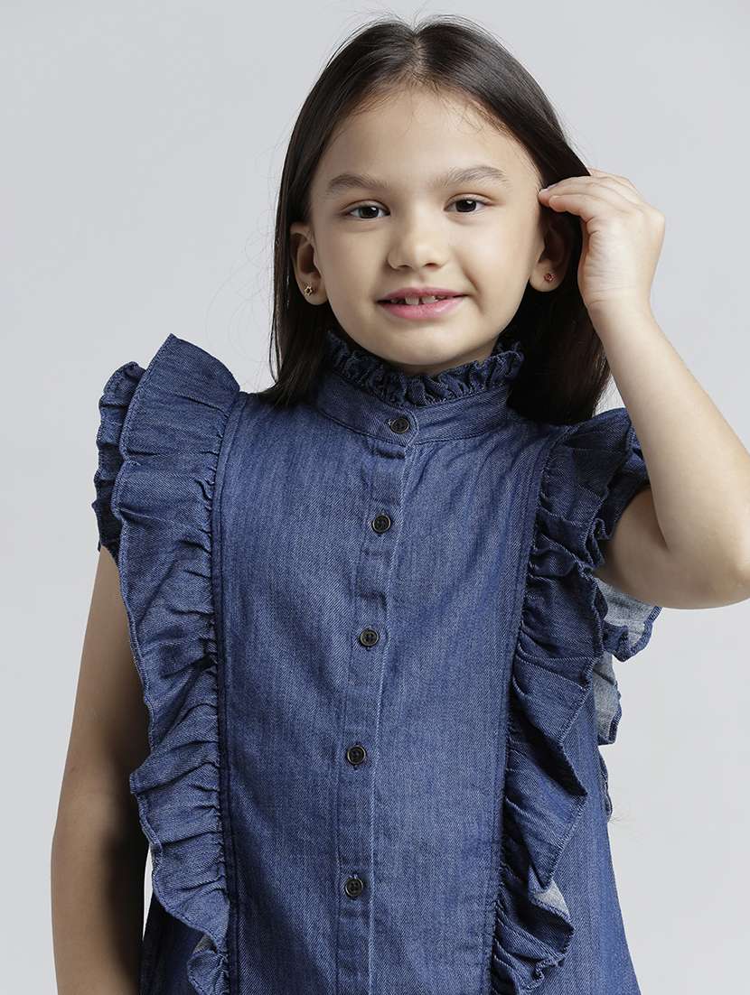 girls solid sleeveless ruffle detailed denim top