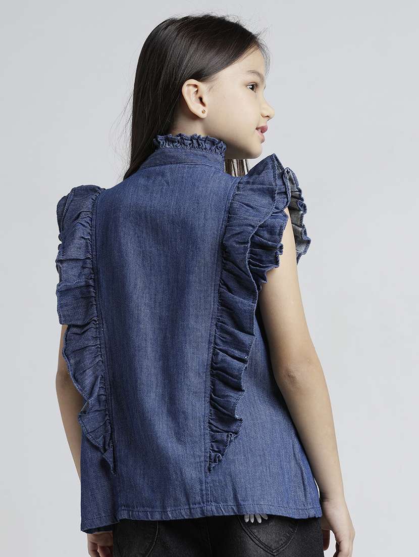 girls solid sleeveless ruffle detailed denim top - 22292102 -  Standard Image - 1