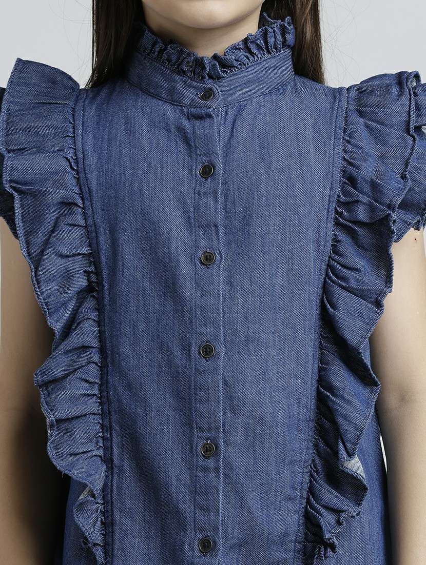girls solid sleeveless ruffle detailed denim top - 22292102 -  Standard Image - 4