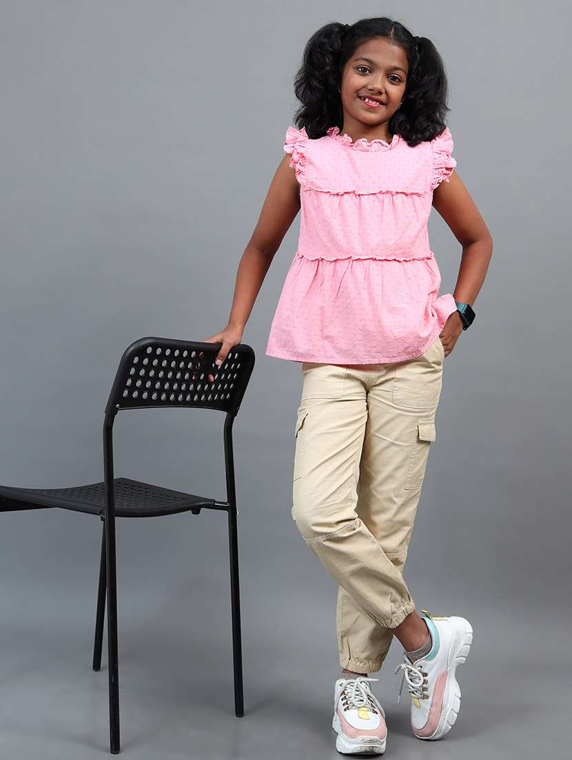 girls solid mid rise cargos trouser - 22292142 -  Standard Image - 1