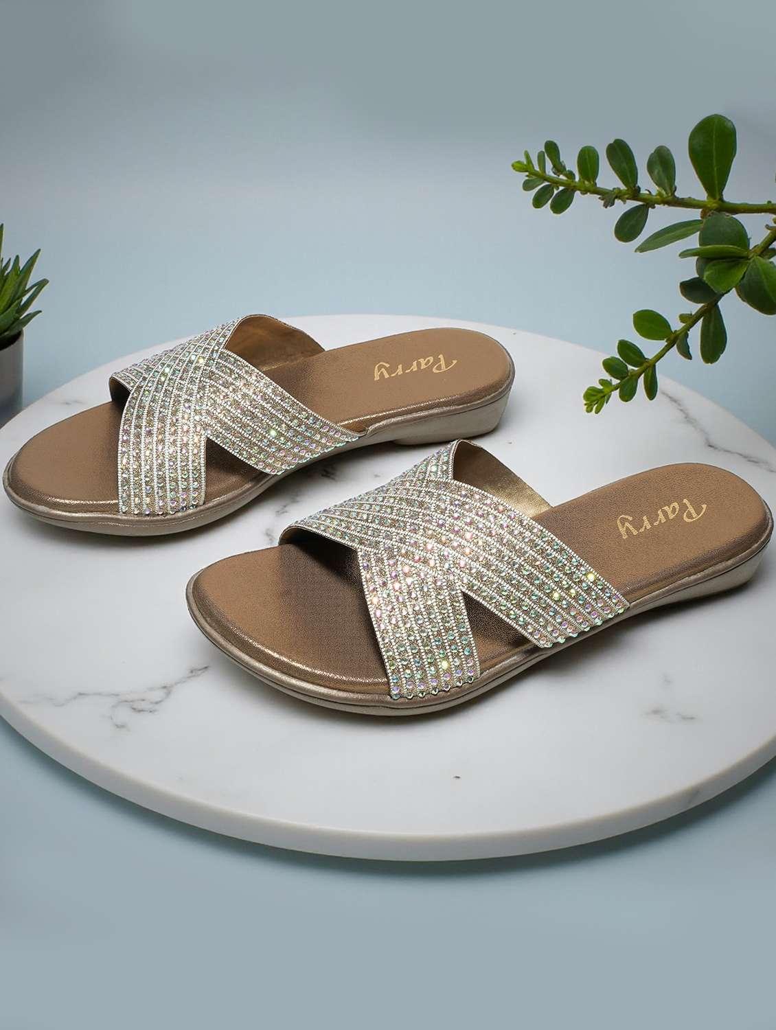 women embellished slip on flat sandals
