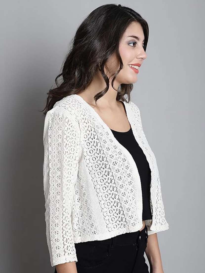women solid three quarter sleeve lace shrug - 22292310 -  Standard Image - 1