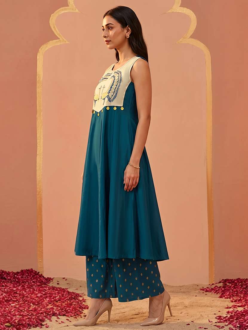 globus women blue round neck embroidered yoke coin detail a-line flared hem kurta & foil printed palazzo set - 22292579 -  Standard Image - 1