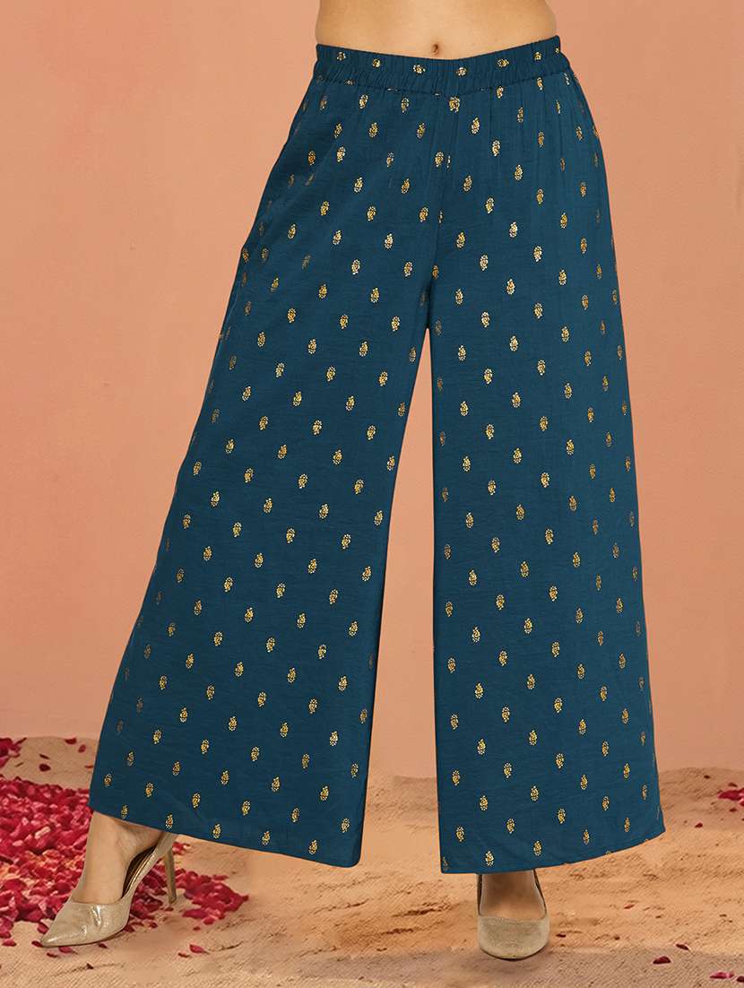 globus women blue round neck embroidered yoke coin detail a-line flared hem kurta & foil printed palazzo set - 22292579 -  Standard Image - 4