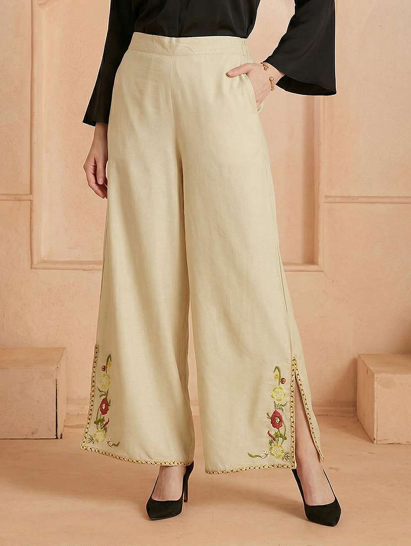 women embroidered hem mid rise flared palazzo